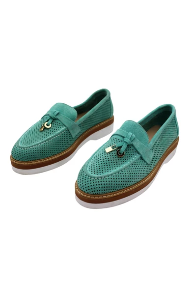 Gerçek Deri Turkuaz Lazerli Günlük Kadın Ayakkabı - 5