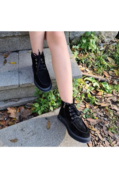 Gerçek Deri Siyah Süet Günlük Kadın Bot - 2