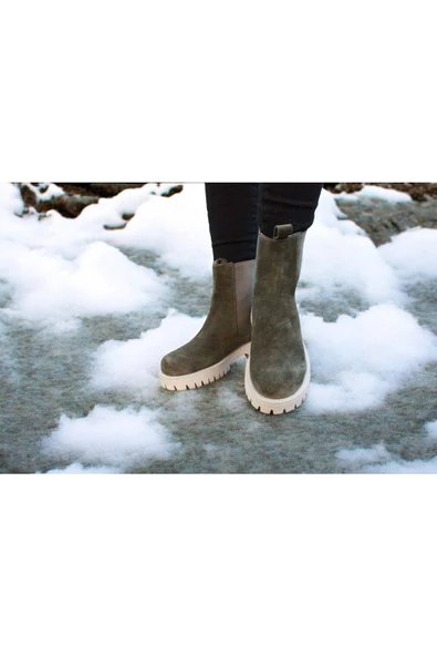 Gerçek Deri Haki Süet Günlük Kadın Chelsea Bot - Resim 5