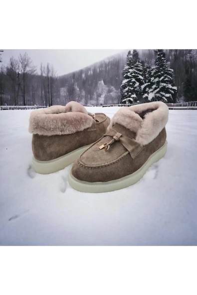 Hakiki Deri Içi Hakiki Kürk Bej Kadın Günlük Bot - 6