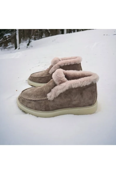 Hakiki Deri İçi Hakiki Kürk Bej Kadın Günlük Bot - 4