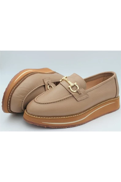Hakiki Deri Kadın Ayakkabı Bej Loafer Makosen Günlük Tokalı Deri Aykkbim2517 - 4