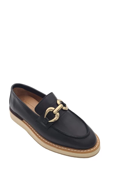 Hakiki Deri Siyah Cilt Toka Detaylı Hafif Taban (EVA) Günlük Kadın Ayakkabı Loafer Makosen - 4