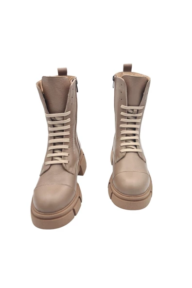 Hakiki Deri Taba Bağcıklı Ve Fermuarlı Kadın Bot - Resim 4