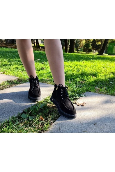 Gerçek Deri Siyah Süet Günlük Kadın Bot