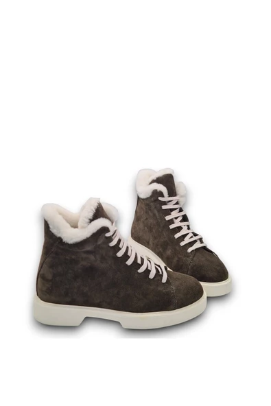 Hakiki Deri Haki Bağcıklı Kürk Astarlı Soğuk Geçirmez Hafif Taban Kısa Günlük Kadın Bot Postal - 5