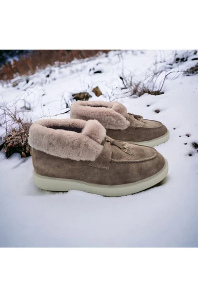 Hakiki Deri Içi Hakiki Kürk Bej Kadın Günlük Bot - 7