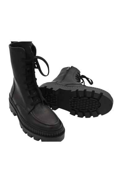 Hakiki Deri Siyah Kadın Bot Postal Kürklü Astar - 3