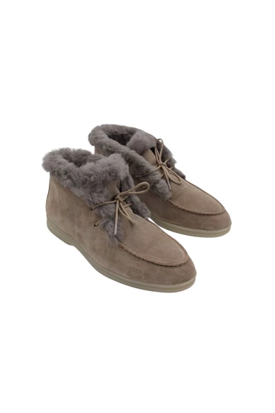 Hakiki Deri Bej Süet Kürklü Bağcıklı Kadın Bot - Resim 3