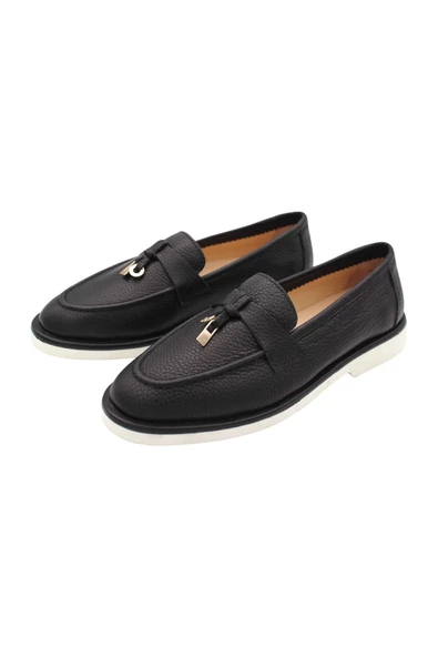 Hakiki Deri Siyah Kadın Ayakkabı Eva Taban Loafer - Resim 4