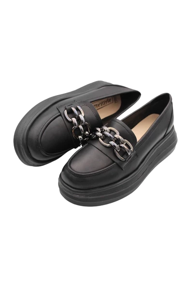 Hakiki Deri Siyah Kadın Ayakkabı Eva Taban Loafer - Resim 6