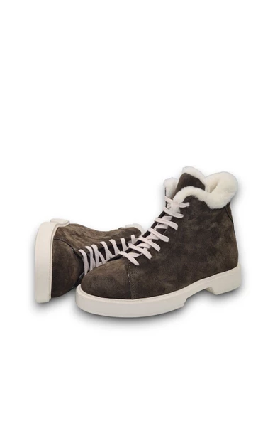 Hakiki Deri Haki Bağcıklı Kürk Astarlı Soğuk Geçirmez Hafif Taban Kısa Günlük Kadın Bot Postal - 3