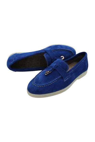 Hakiki Deri Kadın Kışlık Ayakkabı Mavi Keçe Astar Rahat Taban Loafer - 6
