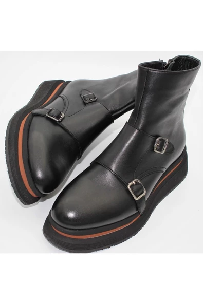 Hakiki Deri Siyah Fermuarlı Kadın Günlük Bot - Resim 4
