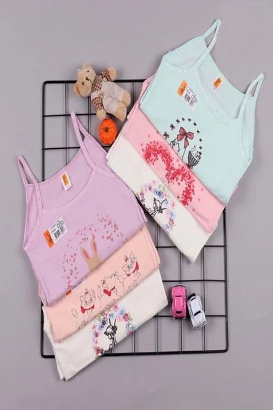 İlke Kız Çocuk Likralı Baskılı İp Askılı Atlet 348 - 6 Adet  Karışık Renk 3 No:4-5 Yaş ürün görseli