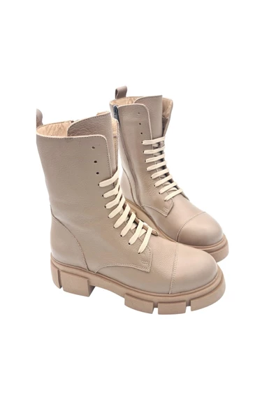 Hakiki Deri Taba Bağcıklı Ve Fermuarlı Kadın Bot ürün görseli 1