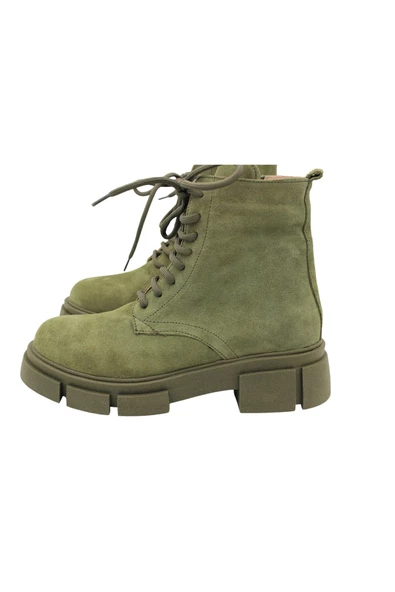 Gerçek Deri Yeşil Süet Bağcıklı Ve Fermuarlı Kadın Bot - 4
