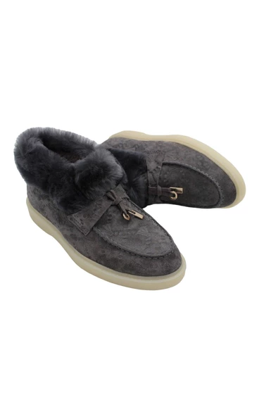 Gerçek Deri Gri Süet Ve Gri Kürk Gri Süet Günlük Rahat Kadın Bot - 2