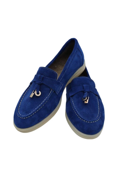 Hakiki Deri Kadın Kışlık Ayakkabı Mavi Keçe Astar Rahat Taban Loafer - 3