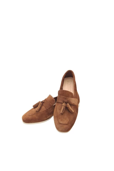 Hakiki Deri Taba Süet Püsküllü Kadın Günlük Ayakkabı Babet - 8