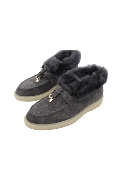 Gerçek Deri Gri Süet Ve Gri Kürk Gri Süet Günlük Rahat Kadın Bot - 8