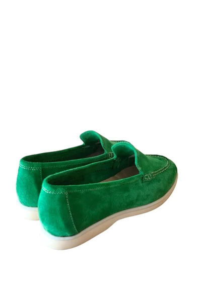 Hakiki Deri Yeşil Günlük Kadın Ayakkabı Loafer Makosen - Resim 2
