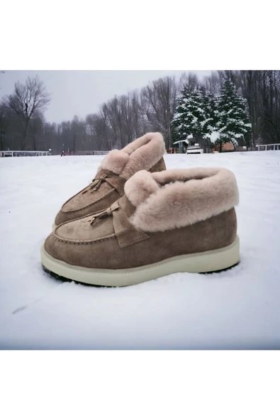 Hakiki Deri Içi Hakiki Kürk Bej Kadın Günlük Bot - 4