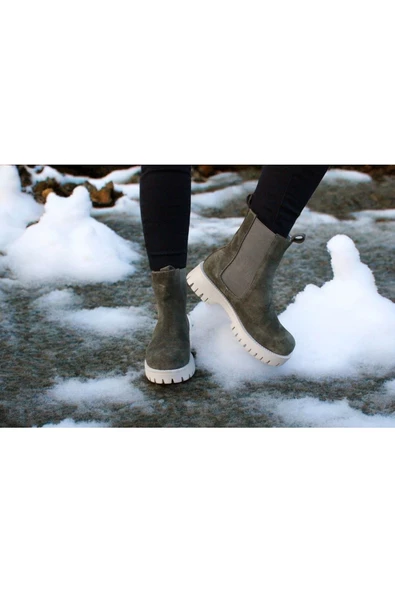 Gerçek Deri Haki Süet Günlük Kadın Chelsea Bot - Resim 8