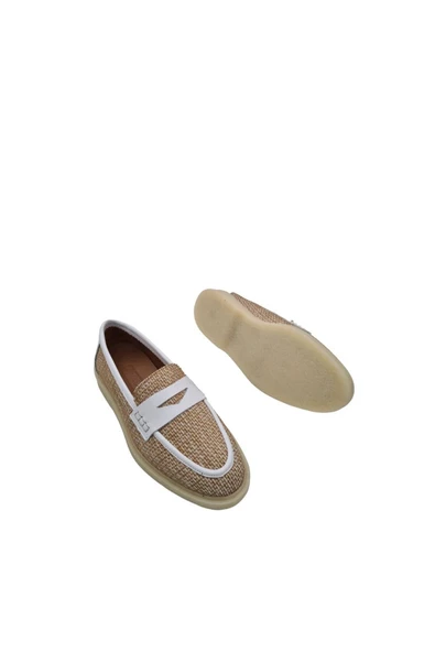 Hakiki Deri Keten Detaylı Kadın Beyaz Günlük Ayakkabı - 4