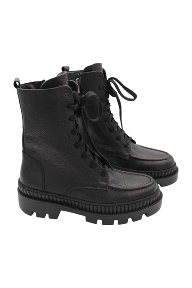 Hakiki Deri Siyah Kadın Bot Postal Kürklü Astar - 4