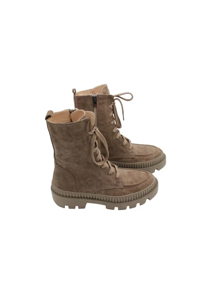 Gerçek Deri Bej Süet Bağcıklı Fermuarlı Rahat Günlük Kadın Bot