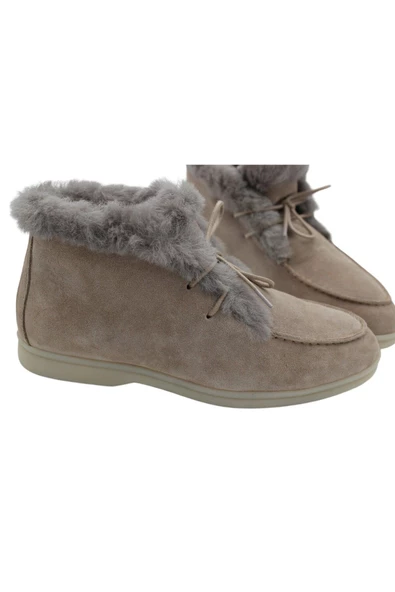 Hakiki Deri Bej Süet Kürklü Bağcıklı Kadın Bot - Resim 5