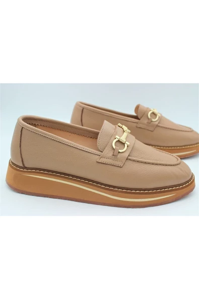 Hakiki Deri Kadın Ayakkabı Bej Loafer Makosen Günlük Tokalı Deri Aykkbim2517 - 3