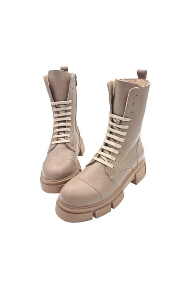 Hakiki Deri Taba Bağcıklı Ve Fermuarlı Kadın Bot - Resim 6