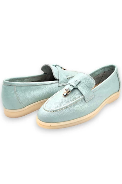 Hakiki Deri Mavi Kadın Günlük Ayakkabı Loafer Makosen - 4