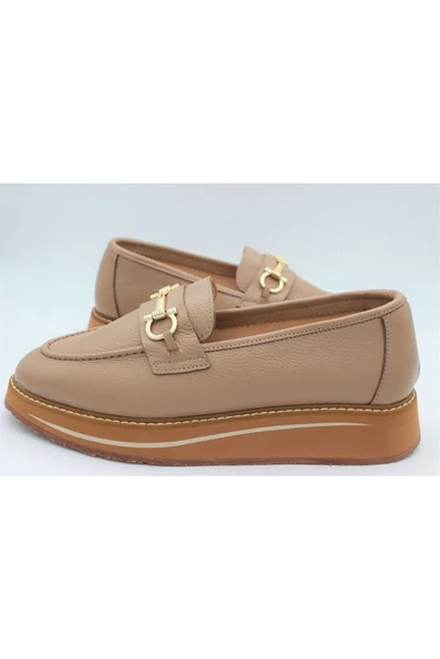 Hakiki Deri Kadın Ayakkabı Bej Loafer Makosen Günlük Tokalı Deri Aykkbim2517 - 6