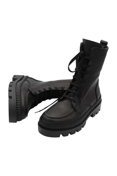 Hakiki Deri Siyah Kadın Bot Postal Kürklü Astar - 6