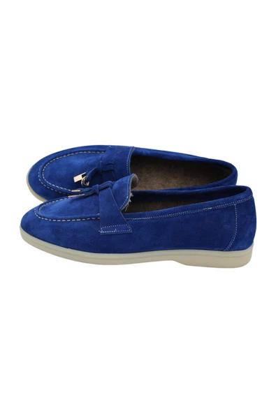 Hakiki Deri Kadın Kışlık Ayakkabı Mavi Keçe Astar Rahat Taban Loafer - 7