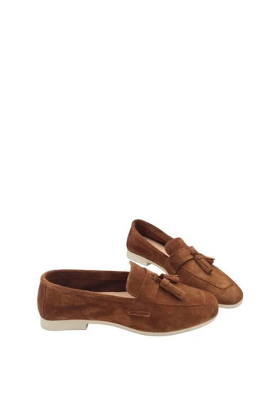 Hakiki Deri Taba Süet Püsküllü Kadın Günlük Ayakkabı Babet - 4