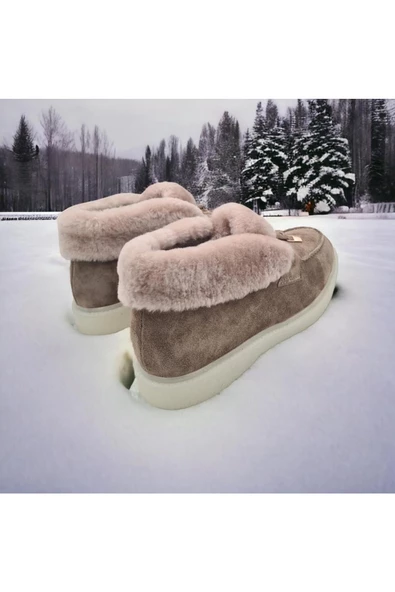 Hakiki Deri Içi Hakiki Kürk Bej Kadın Günlük Bot - 3