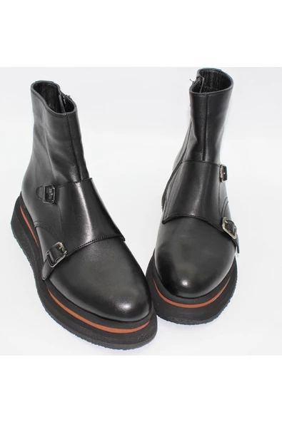 Hakiki Deri Siyah Fermuarlı Kadın Günlük Bot - Resim 2