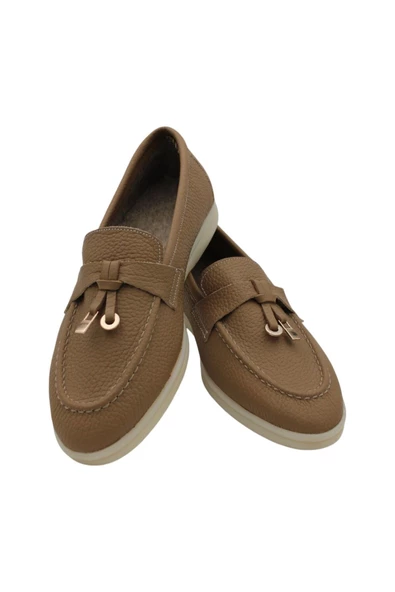 Hakiki Deri Kadın Kışlık Ayakkabı Taba Keçe Astar Rahat Taban Loafer - 5