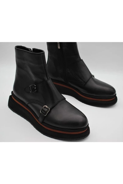 Hakiki Deri Siyah Fermuarlı Kadın Günlük Bot - Resim 6