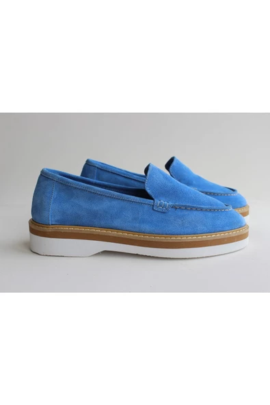 Hakiki Deri Mavi Günlük Kadın Ayakkabı Loafer Makosen - 2