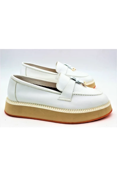 Gerçek Deri Beyaz Çok Hafif Kadın Ayakkabı Loafer - Resim 3