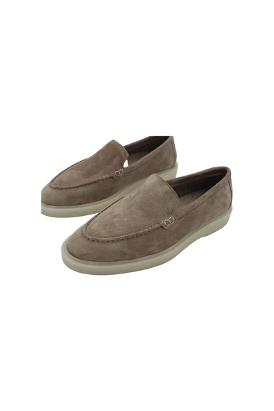 Gerçek Deri Bej Süet Kışlık Günlük Kadın Ayakkabı Loafer - Resim 4