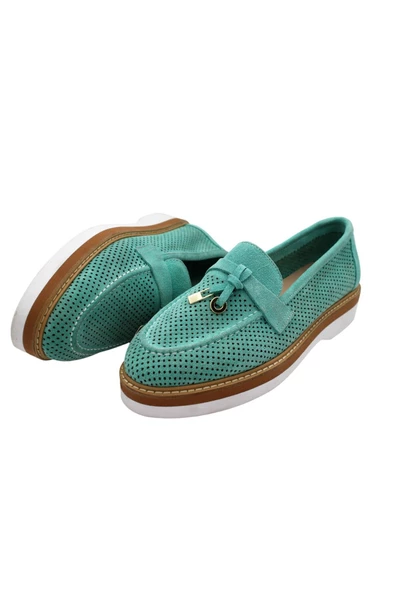 Gerçek Deri Turkuaz Lazerli Günlük Kadın Ayakkabı - 4