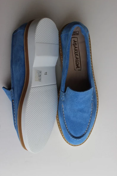 Hakiki Deri Mavi Günlük Kadın Ayakkabı Loafer Makosen - 6