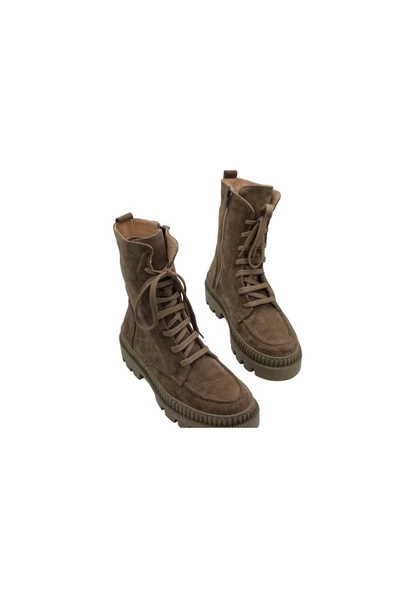 Gerçek Deri Bej Süet Bağcıklı Fermuarlı Rahat Günlük Kadın Bot - 4