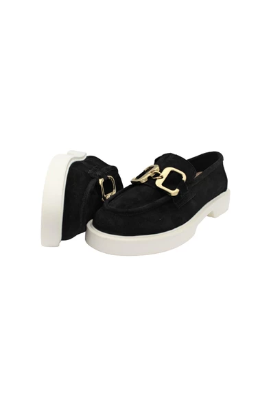 Gerçek Deri Siyah Süet Lüks Toka Detaylı Çok Rahat Hafif Günlük Kadın Ayakkabı - 4